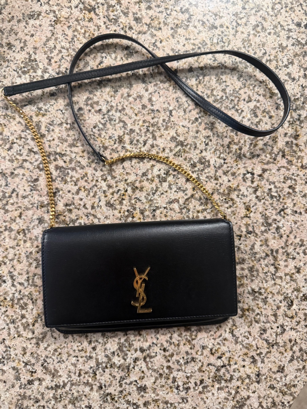 Saint Laurent Black Leather Wallet-On-Chain with Gold Hardware